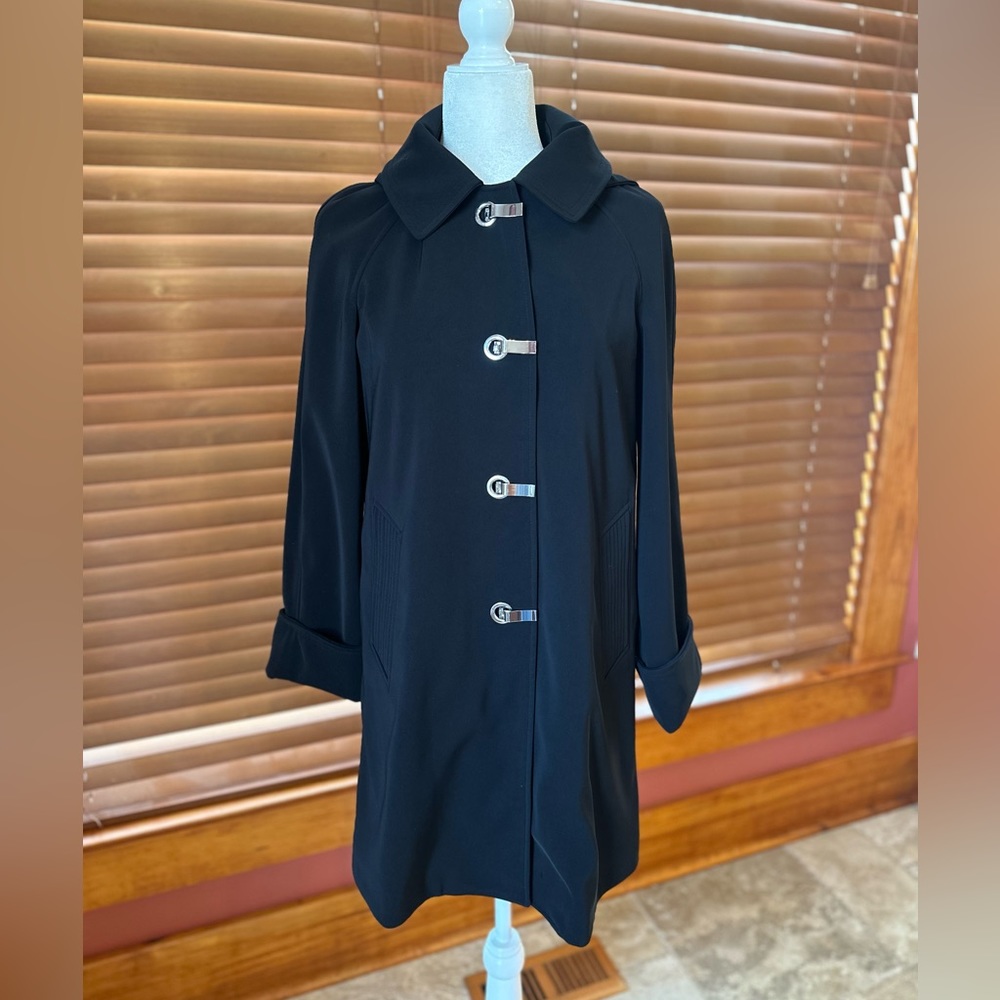 Michael Kors Black Trench Overcoat Silver Hook Closure Sz S MSRP $298
